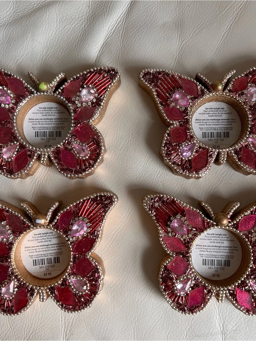 Pier 1 Glass Mosaic Beaded Butterfly Tealight Holder - Set of 4